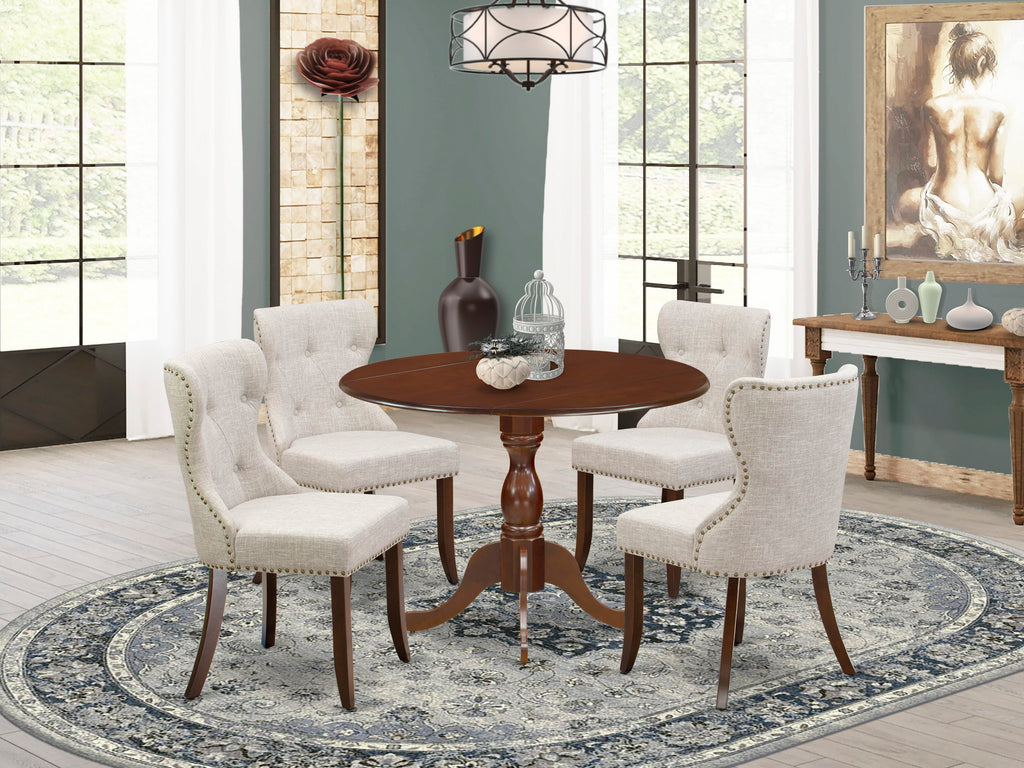 DMSI5-AU5-TV Dining Set - Expandable Round Table with 4 Upholstered Chairs, Doeskin Linen