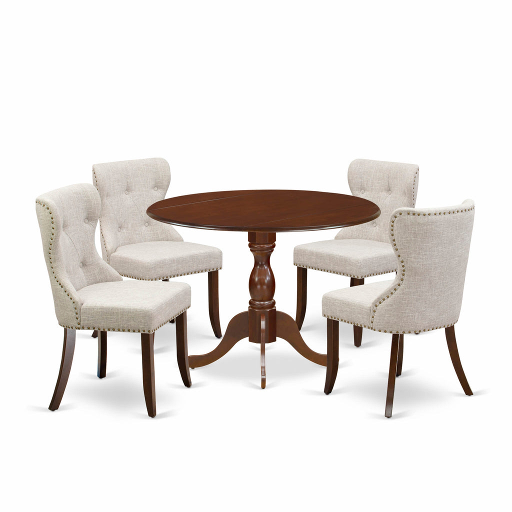 DMSI5-AU5-TV Dining Set - Expandable Round Table with 4 Upholstered Chairs, Doeskin Linen