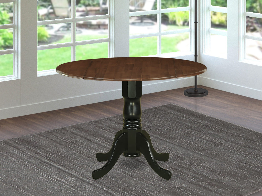 DMT-WTA-8P Chic Round Dining Table with Drop Leaf & Elegant Pedestal Base, 42-Inch Walnut & Black Finish