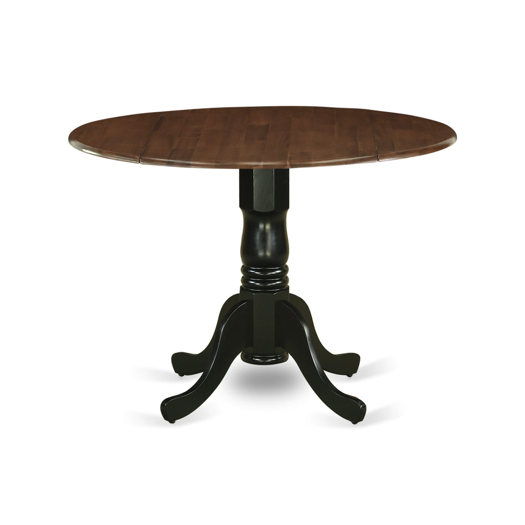 DMT-WTA-8P Chic Round Dining Table with Drop Leaf & Elegant Pedestal Base, 42-Inch Walnut & Black Finish