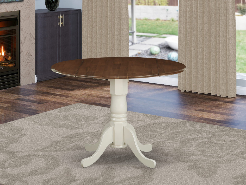 DMT-WFB-QG Dublin Contemporary Round Dining Table with Dropleaf & Pedestal Design in Walnut & Linen White, 42