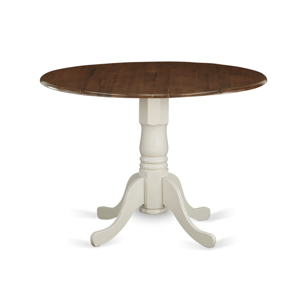 DMT-WFB-QG Dublin Contemporary Round Dining Table with Dropleaf & Pedestal Design in Walnut & Linen White, 42