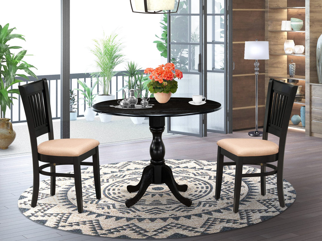 DMVA3-TIN-L 3-Piece Dining Ensemble with Round Table and Linen Upholstered Chairs, 42x42 Inch, Elegant Black