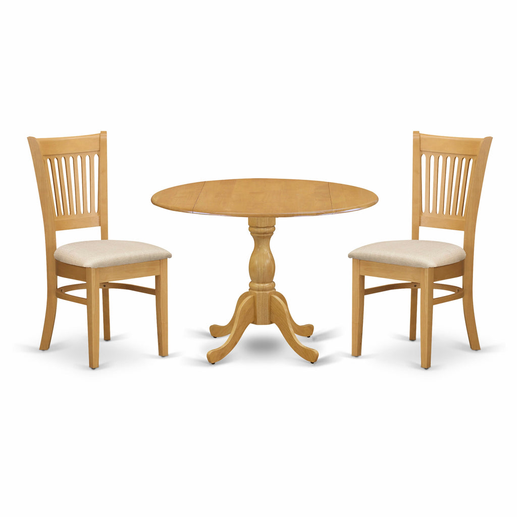 DMVA3-36K-D 3 Piece Dining Set with Drop Leaf Table and Linen Chairs for Compact Spaces, Oak Finish
