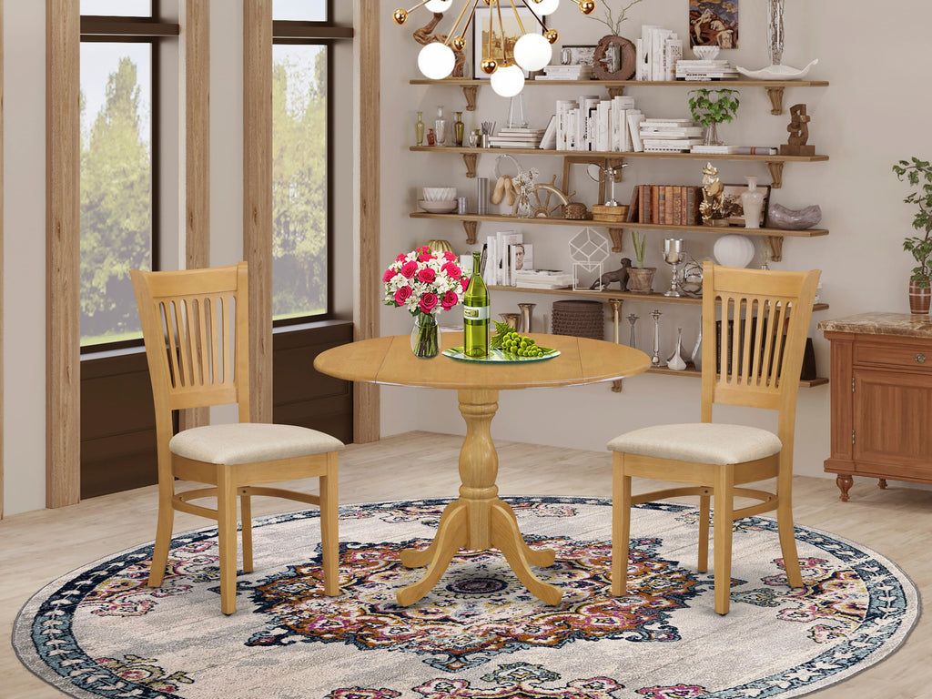 DMVA3-36K-D 3 Piece Dining Set with Drop Leaf Table and Linen Chairs for Compact Spaces, Oak Finish