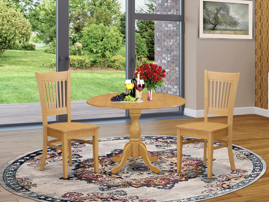 DMVA3-DV3-8 Compact 3-Piece Set Round Table with Drop Leaf & 2 Chairs, Oak Finish for Small Spaces, 42