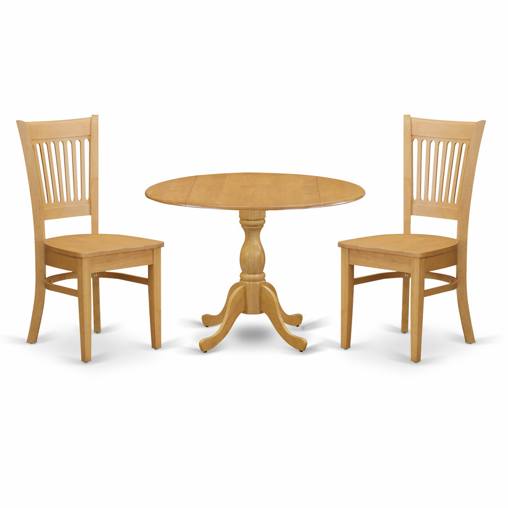 DMVA3-DV3-8 Compact 3-Piece Set Round Table with Drop Leaf & 2 Chairs, Oak Finish for Small Spaces, 42