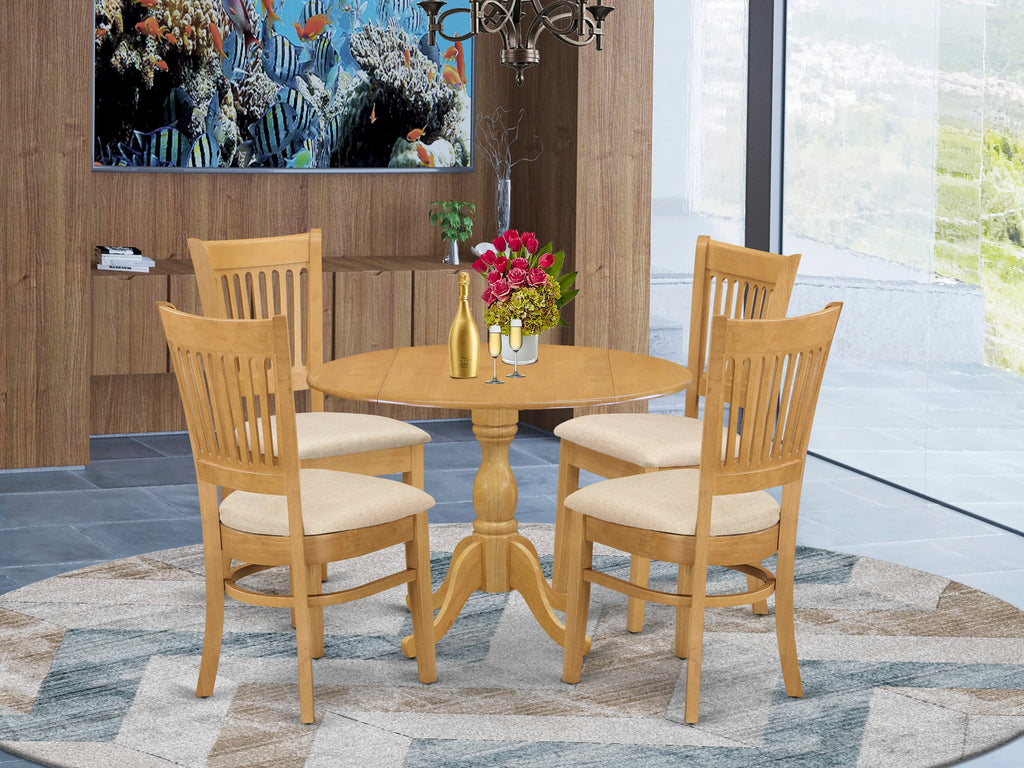 DMVA5-PNR-4 Classic 5-Piece Dining Ensemble with Round Drop Leaf Table & Upholstered Seats for Four, 42-Inch Oak