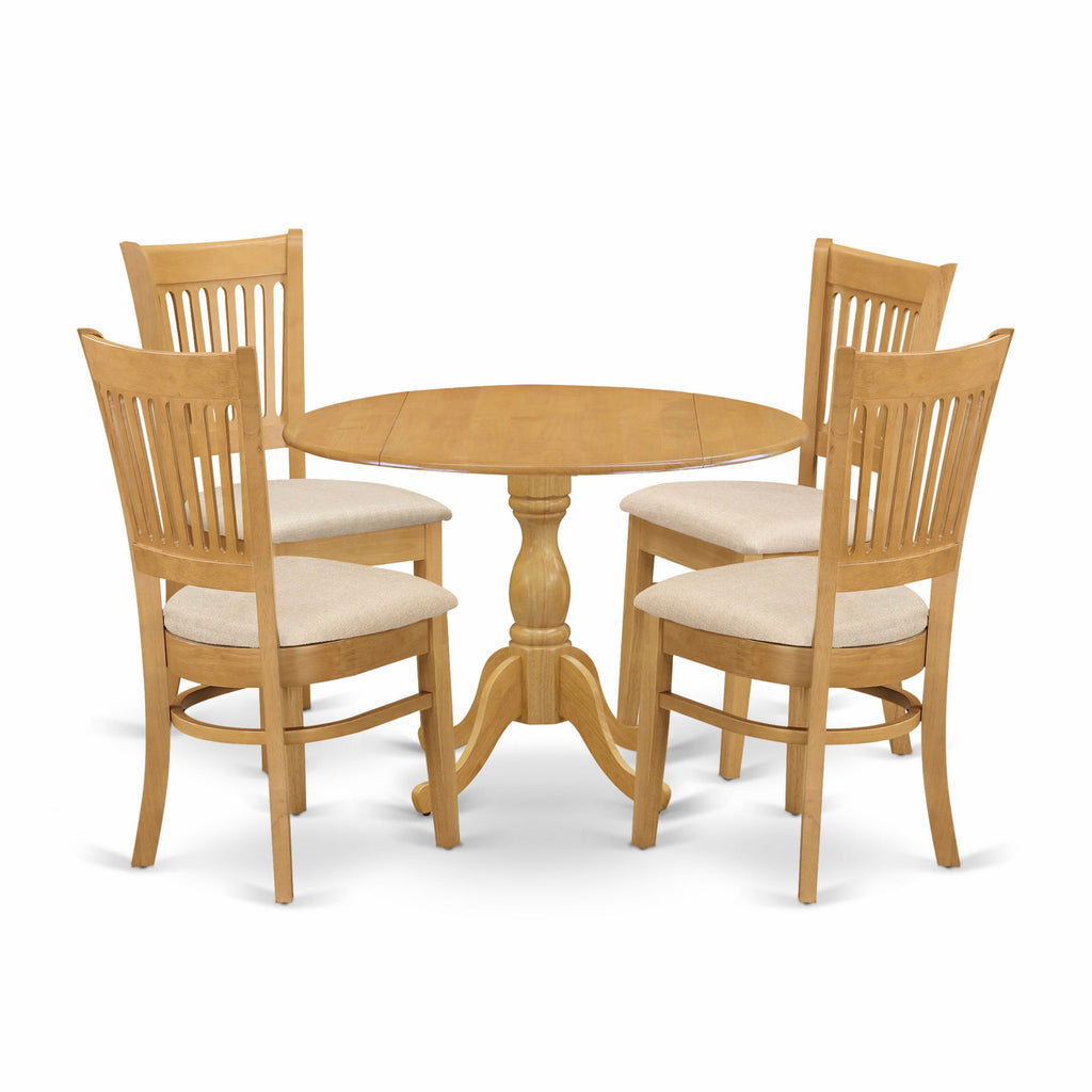 DMVA5-PNR-4 Classic 5-Piece Dining Ensemble with Round Drop Leaf Table & Upholstered Seats for Four, 42-Inch Oak