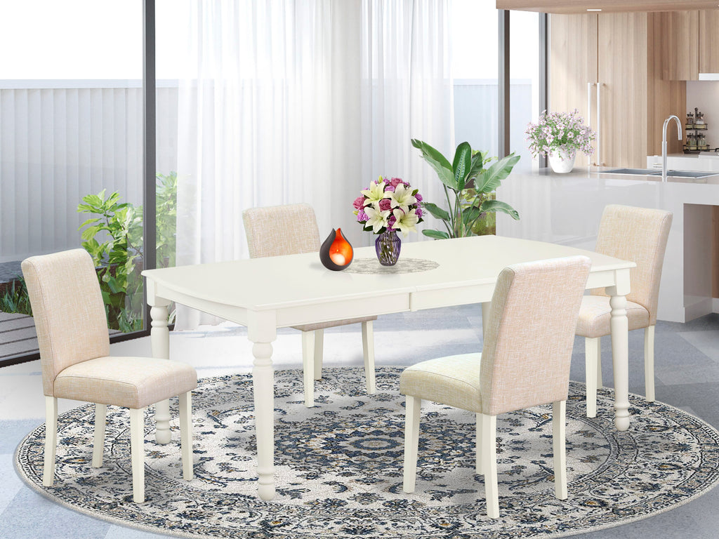 Stylish DOAB5-LU4-OE 5-Piece Set Rectangle Table with Leaf and 4 Beige Chairs, Linen White Finish