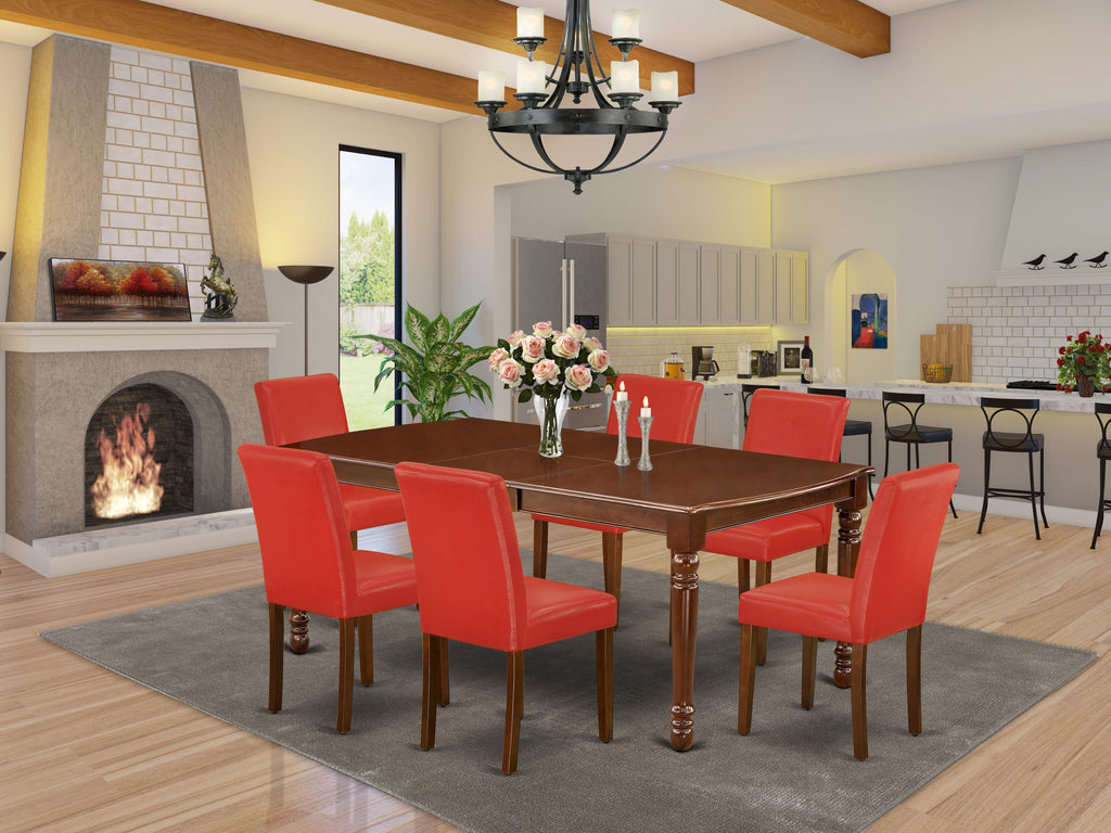 DOAB7-T4Y-MP Elegant 7-Piece Dining Ensemble with Expanding Mahogany Table & Firebrick Red Seats