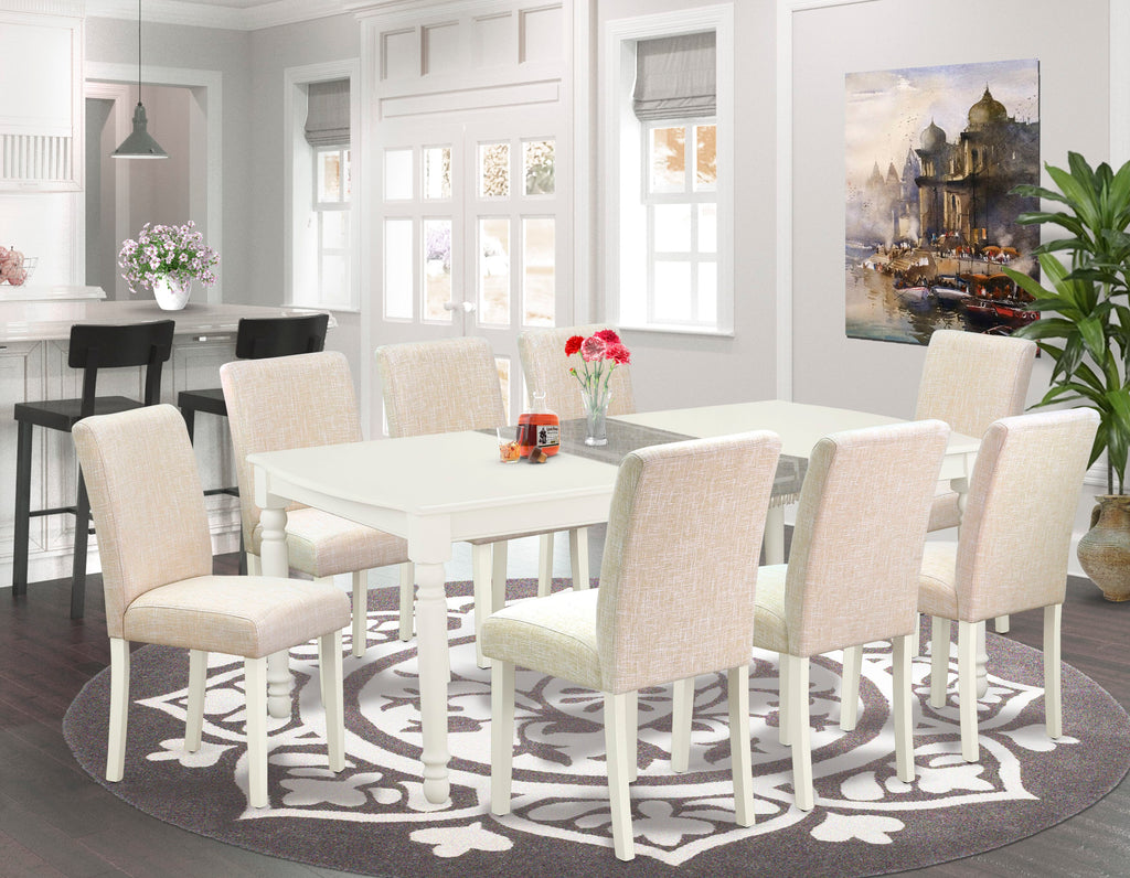 DOAB9-EGF-C3 9-Piece Dining Set Rectangular Table with Leaf Extender & 8 Beige Parsons Seats, 42x78 in, Linen White