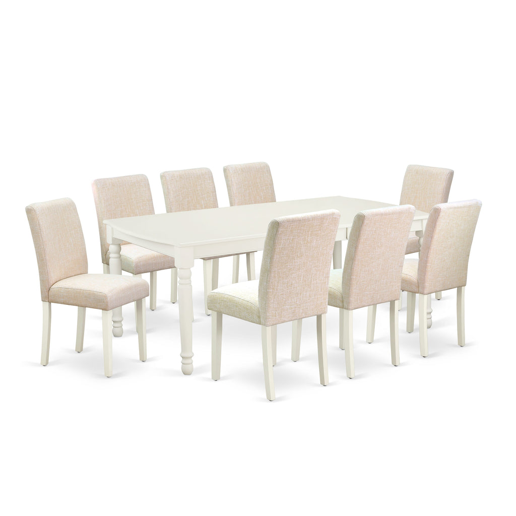 DOAB9-EGF-C3 9-Piece Dining Set Rectangular Table with Leaf Extender & 8 Beige Parsons Seats, 42x78 in, Linen White