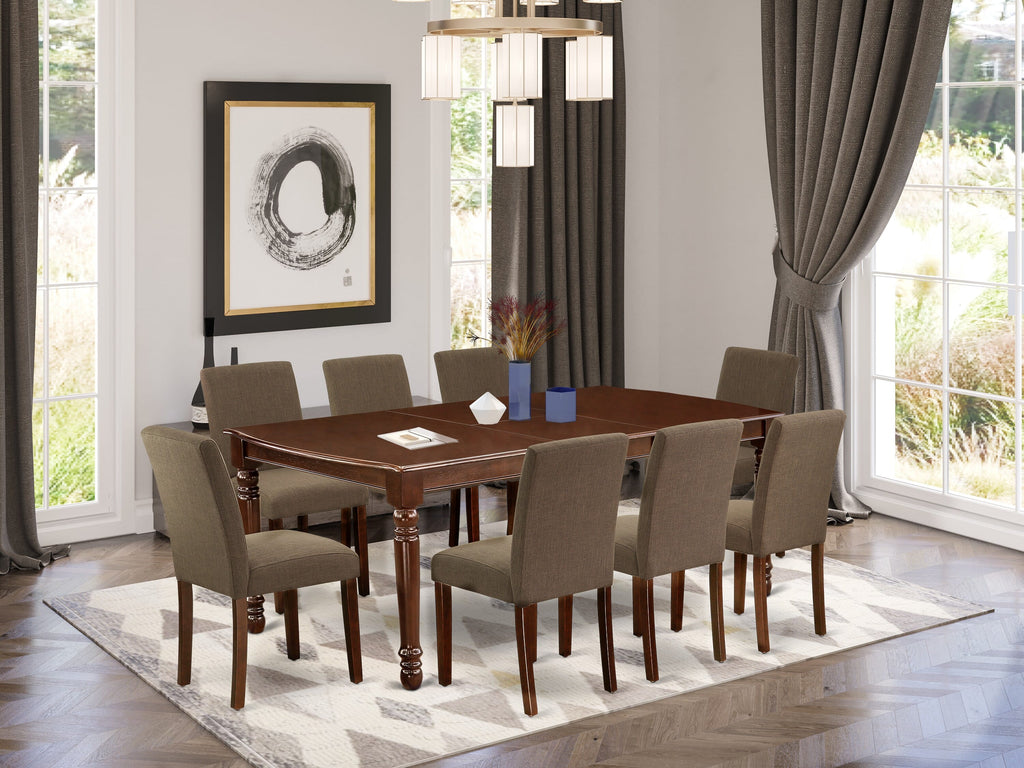 DOAB9-4KU-WU 9-Piece Mahogany Dining Set with Extension Leaf and Comfy Linen Chairs, 42x78 Inch