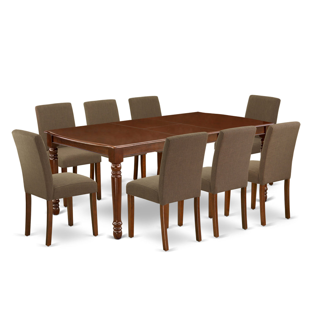 DOAB9-4KU-WU 9-Piece Mahogany Dining Set with Extension Leaf and Comfy Linen Chairs, 42x78 Inch