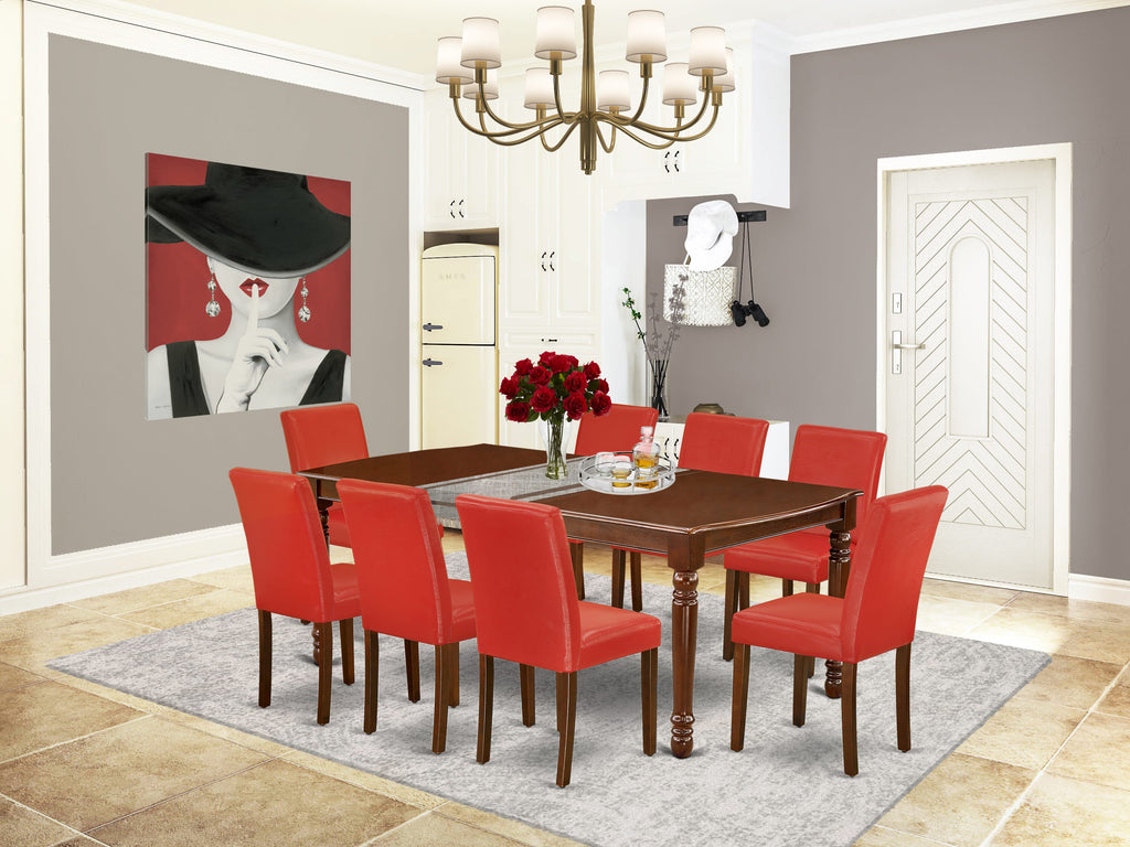 DOAB9-6AQ-O6 Exquisite 9-Piece Dining Ensemble with Butterfly Leaf Table & Red Faux Leather Chairs, Mahogany Elegance