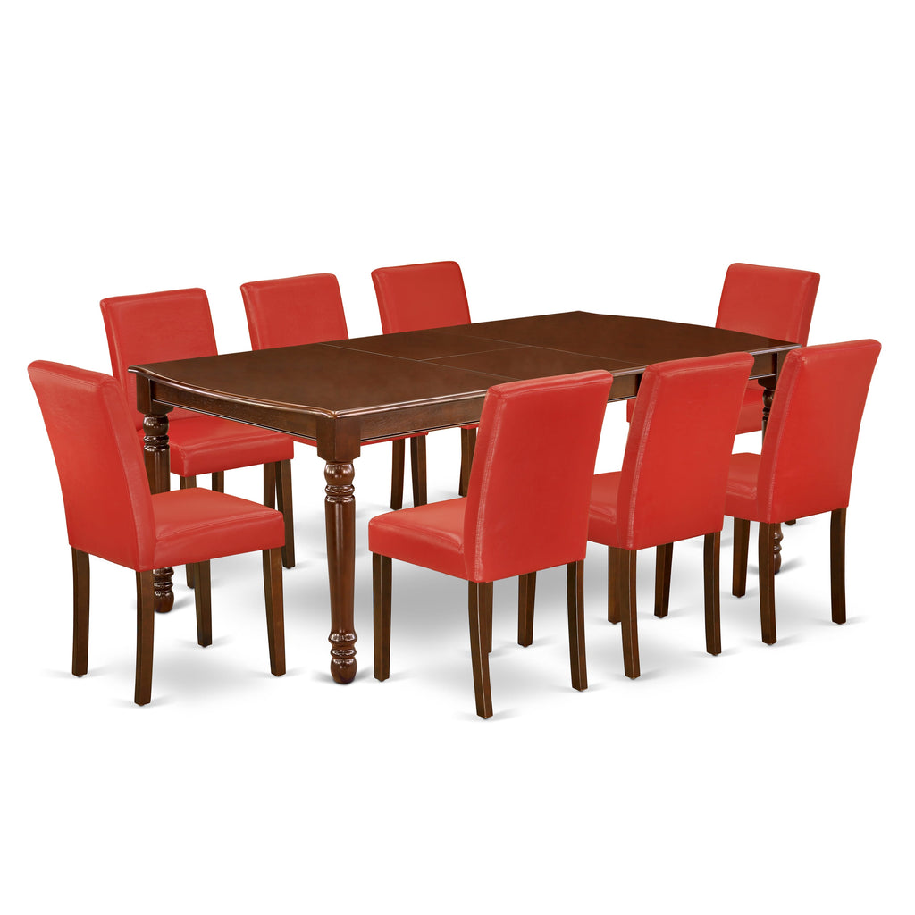 DOAB9-6AQ-O6 Exquisite 9-Piece Dining Ensemble with Butterfly Leaf Table & Red Faux Leather Chairs, Mahogany Elegance