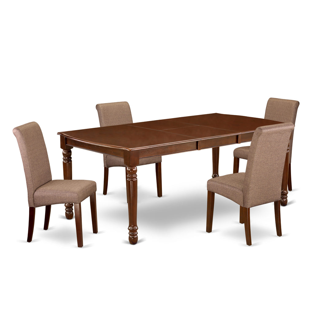DOBA5-34M-4C 5-Piece Dining Collection Rectangular Table with Expandable Leaf & 4 Luxurious Brown Upholstered Chairs, 42x78, Rich Mahogany Finish