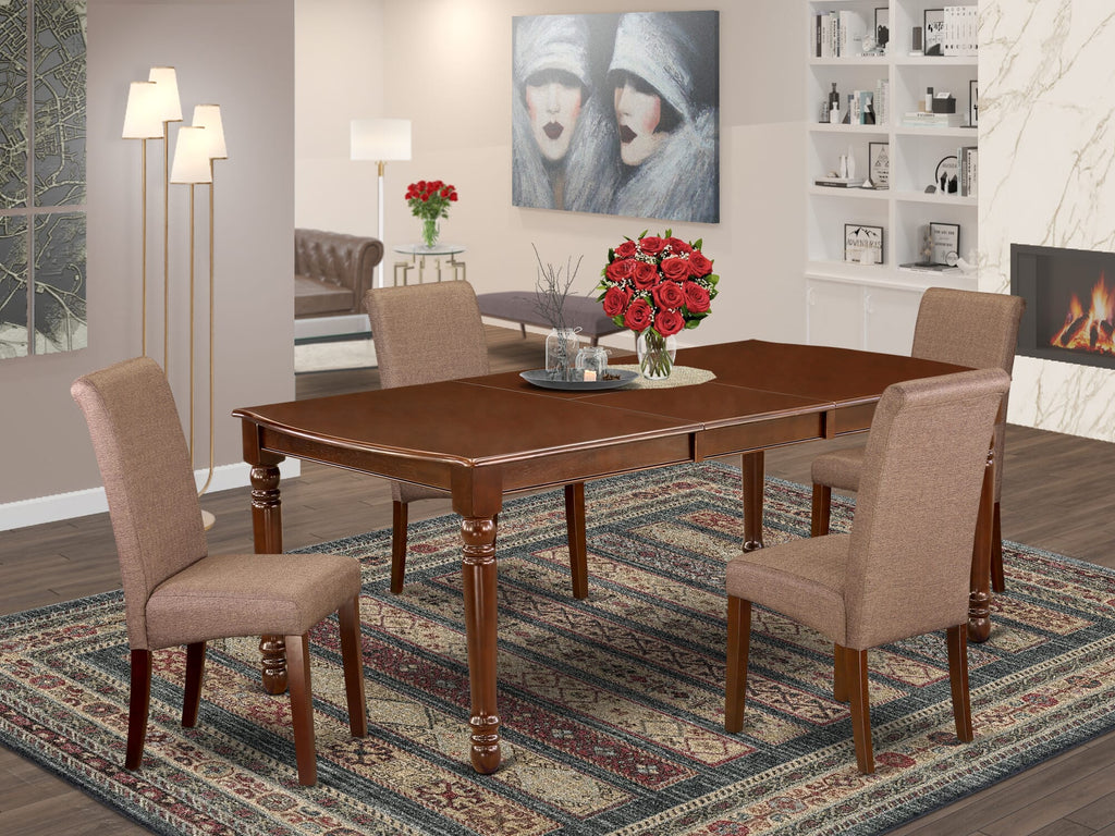 DOBA5-34M-4C 5-Piece Dining Collection Rectangular Table with Expandable Leaf & 4 Luxurious Brown Upholstered Chairs, 42x78, Rich Mahogany Finish