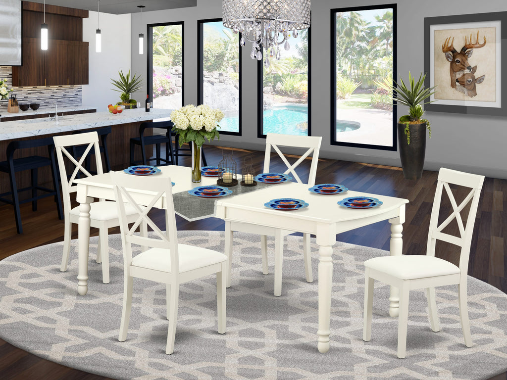 DOBO5-CF5-DD Elegant 5-Piece Dining Set, Expandable Rectangular Table & 4 Faux Leather Seats, 42x78 Linen White