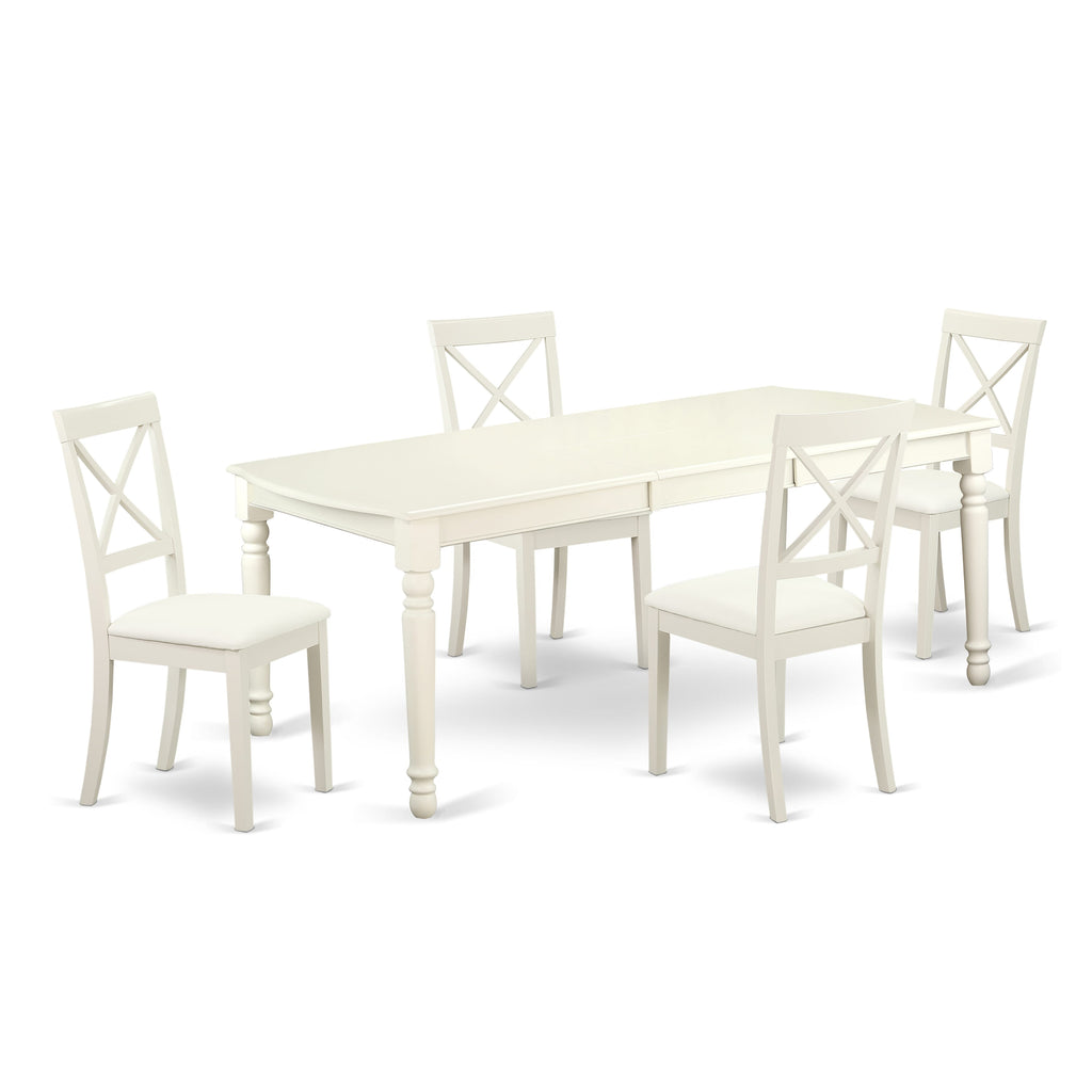 DOBO5-CF5-DD Elegant 5-Piece Dining Set, Expandable Rectangular Table & 4 Faux Leather Seats, 42x78 Linen White