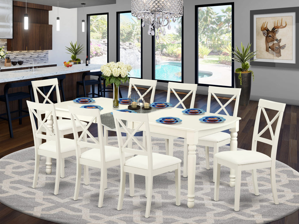 DOBO9-IC6-R4 9 Pc Dining Ensemble Rectangular Table w/Butterfly Insert & 8 Leather-like Chairs, Linen White