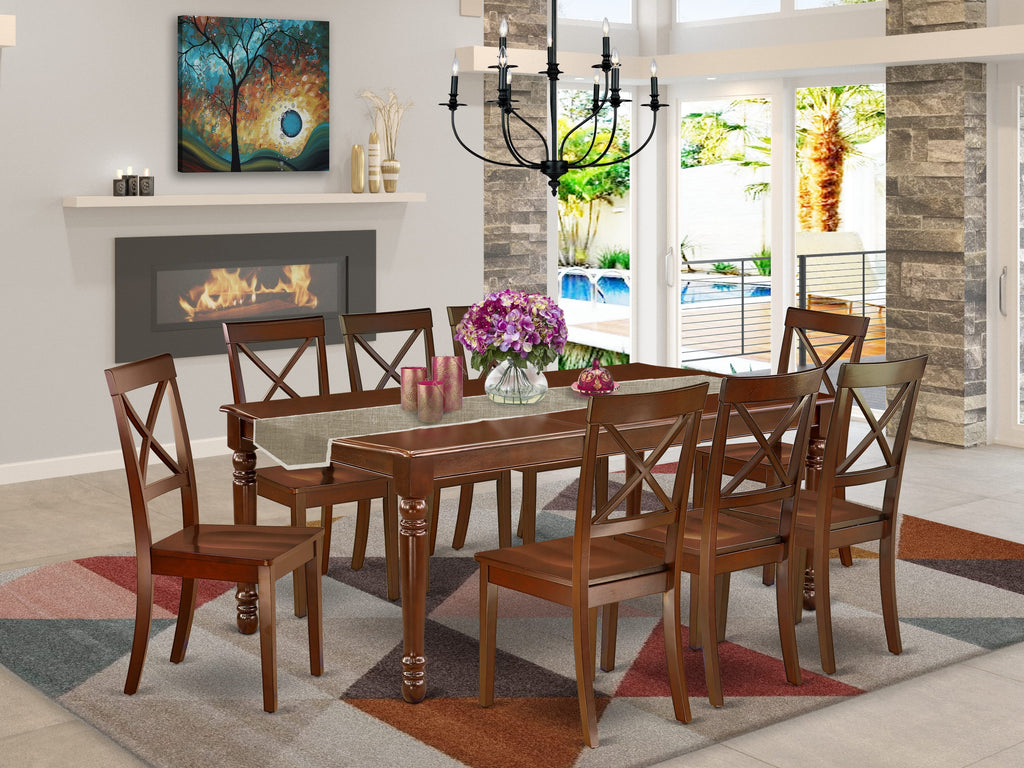 DOBO9-GTX-8 9-Piece Rectangular Dining Ensemble with Expandable Table and 8 Wooden Chairs, Mahogany 42x78 Inch Elegance