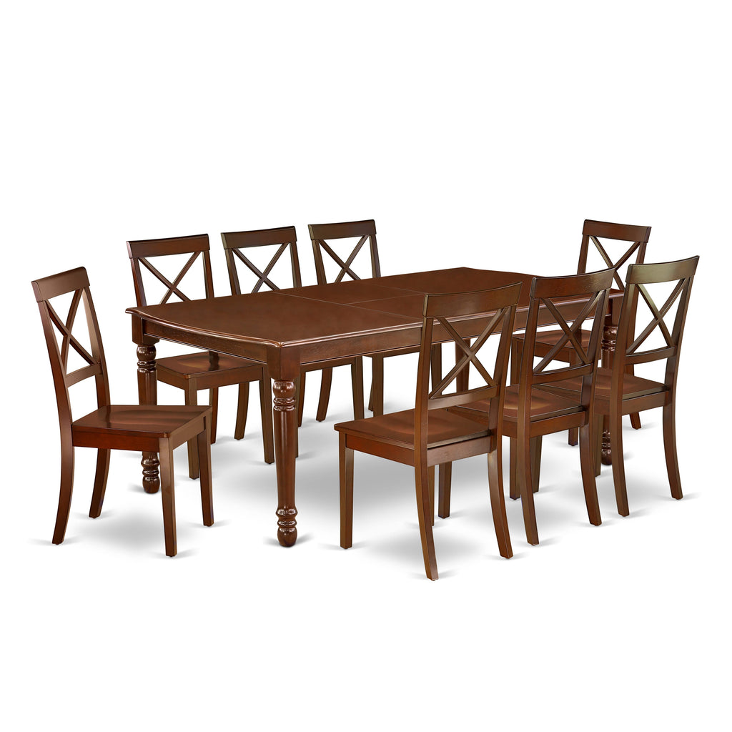 DOBO9-GTX-8 9-Piece Rectangular Dining Ensemble with Expandable Table and 8 Wooden Chairs, Mahogany 42x78 Inch Elegance