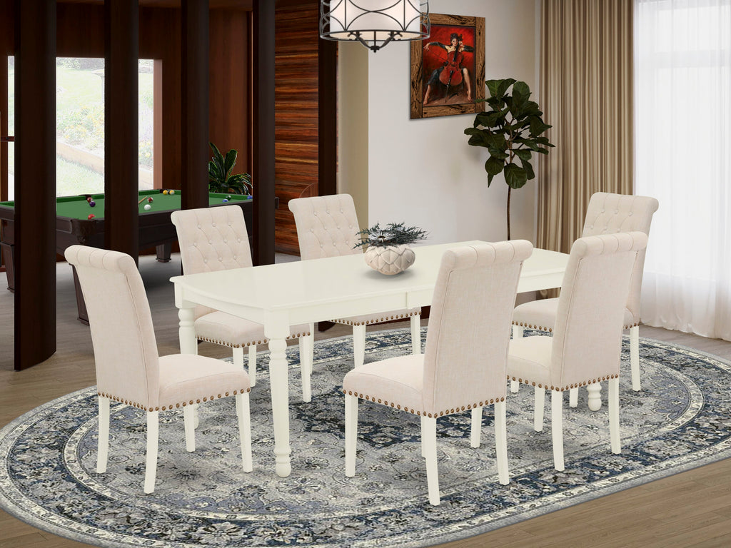 Dining Room Elegance DOBR7-SVB-H7 Set with Extendable Table & 6 Beige Linen Chairs