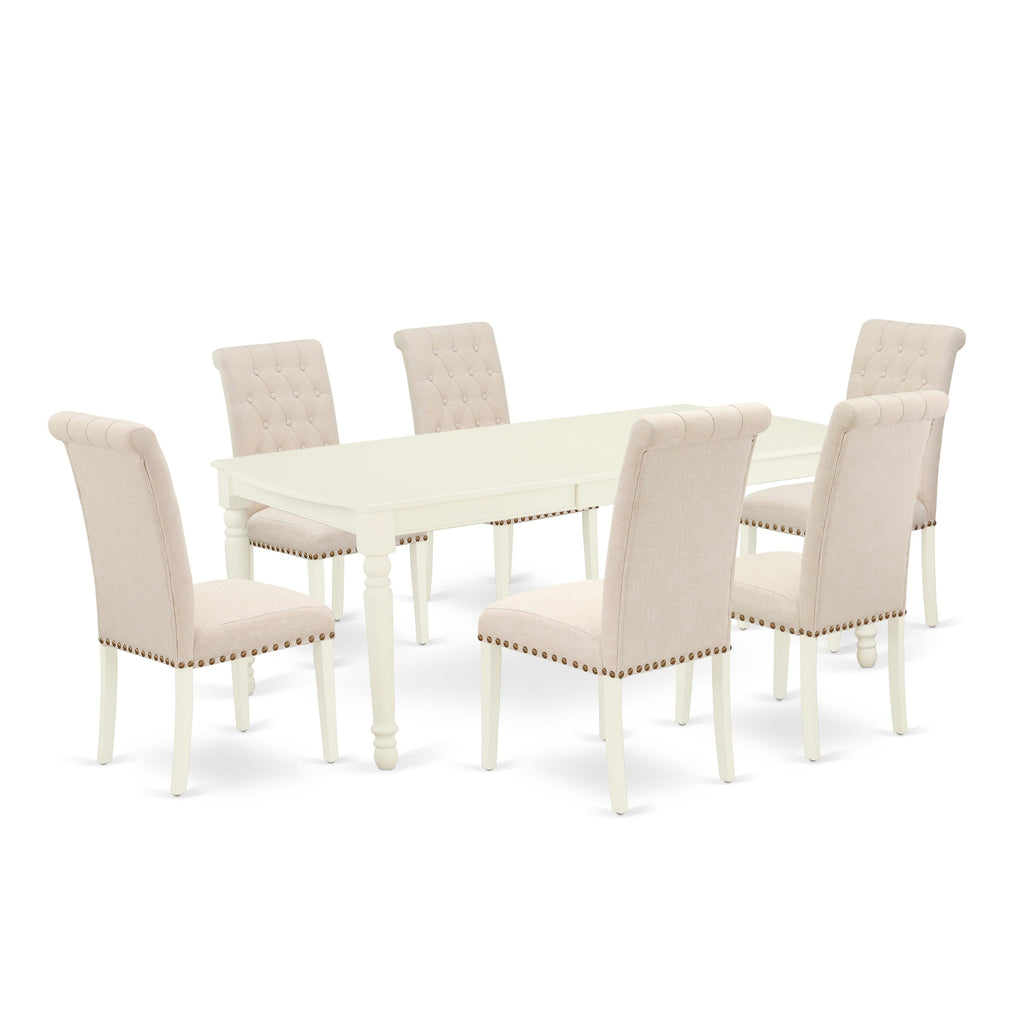 Dining Room Elegance DOBR7-SVB-H7 Set with Extendable Table & 6 Beige Linen Chairs