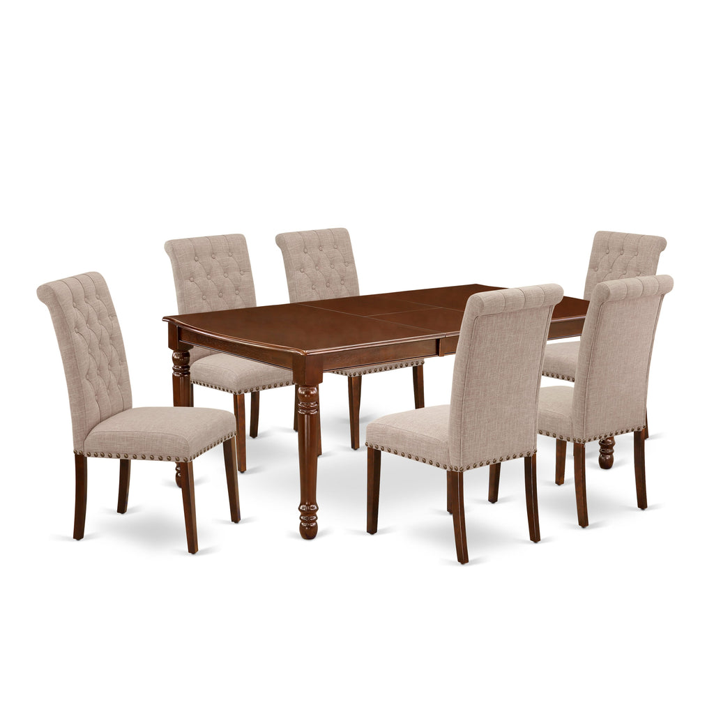 Kitchen Table Set Ensemble, 7-Piece Rectangle Design with Tan Linen Chairs  DOBR7-0EC-O0