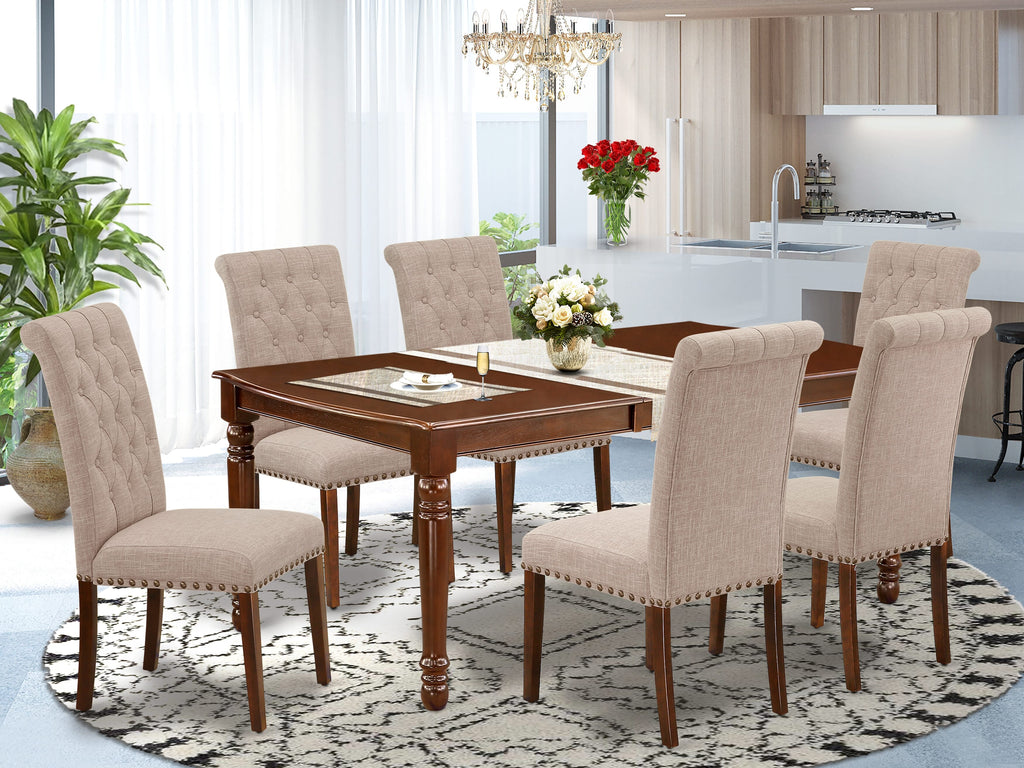 Kitchen Table Set Ensemble, 7-Piece Rectangle Design with Tan Linen Chairs  DOBR7-0EC-O0