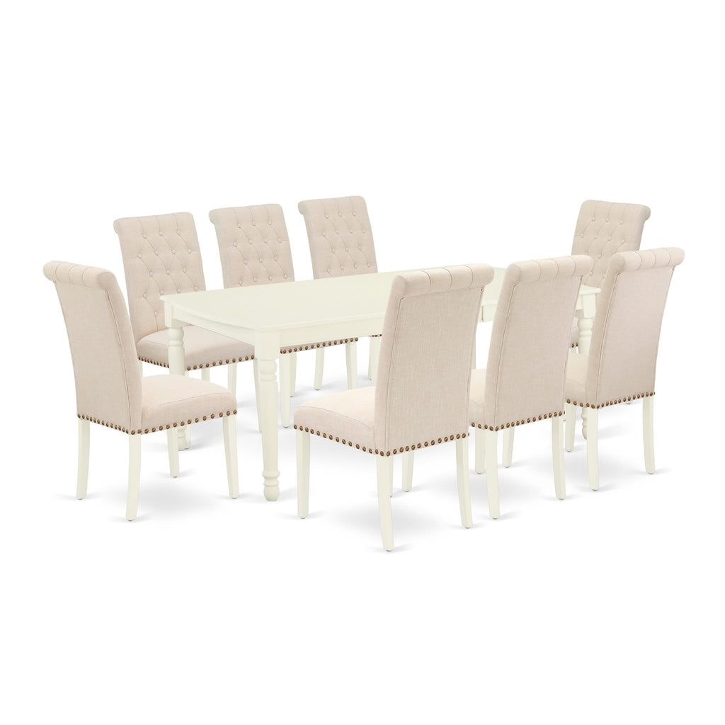 Dining Set DOBR9-TSR-8V 9-Piece Collection with Expansive Table and Eight Beige Upholstered Chairs