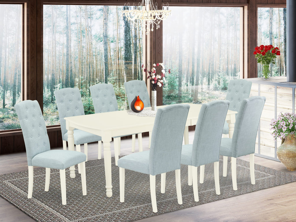DOCE9-UNB-3X Modern 9-Piece Dining Ensemble with Expandable Table & Linen-Touched Blue Seats, 42x78 Inches, White Finish