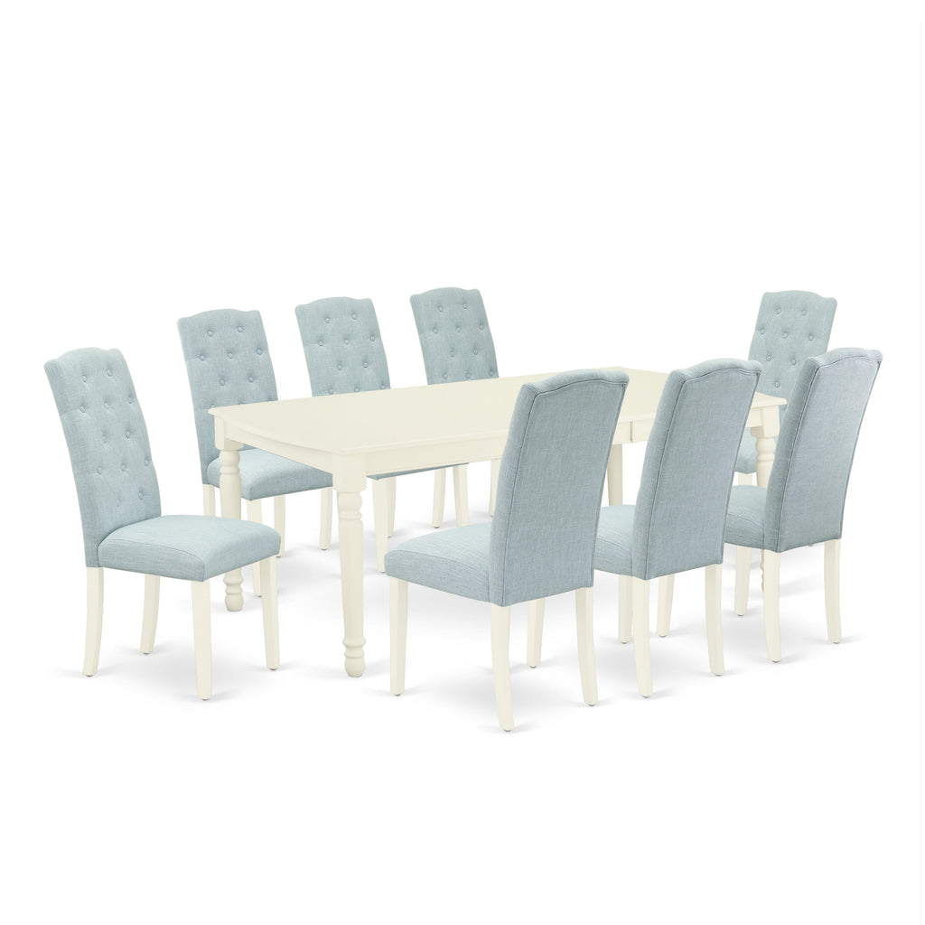 DOCE9-UNB-3X Modern 9-Piece Dining Ensemble with Expandable Table & Linen-Touched Blue Seats, 42x78 Inches, White Finish
