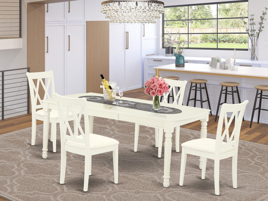 DOCL5-IK4-F Chic Dinette Ensemble for Four with Expanding Table and 42x78 Linen White Chairs