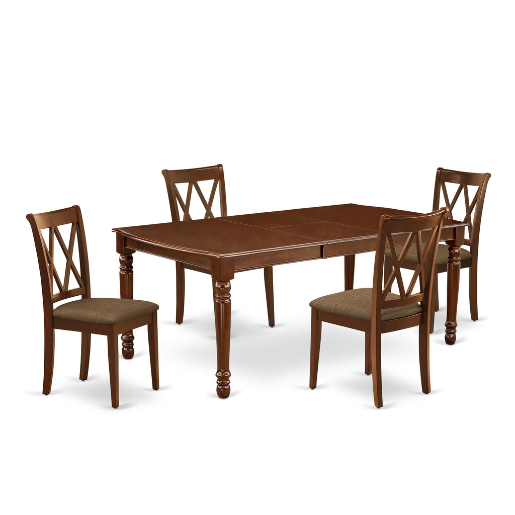 DOCL5-UC3-0 5 Piece Chic Dining Set with Rectangle Table + Butterfly Leaf & 4 Upholstered Dining Chairs, 42x78 Mahogany Finish