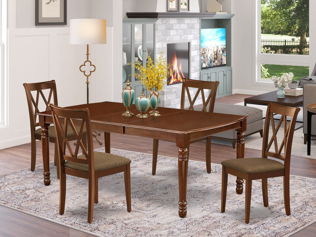 DOCL5-UC3-0 5 Piece Chic Dining Set with Rectangle Table + Butterfly Leaf & 4 Upholstered Dining Chairs, 42x78 Mahogany Finish