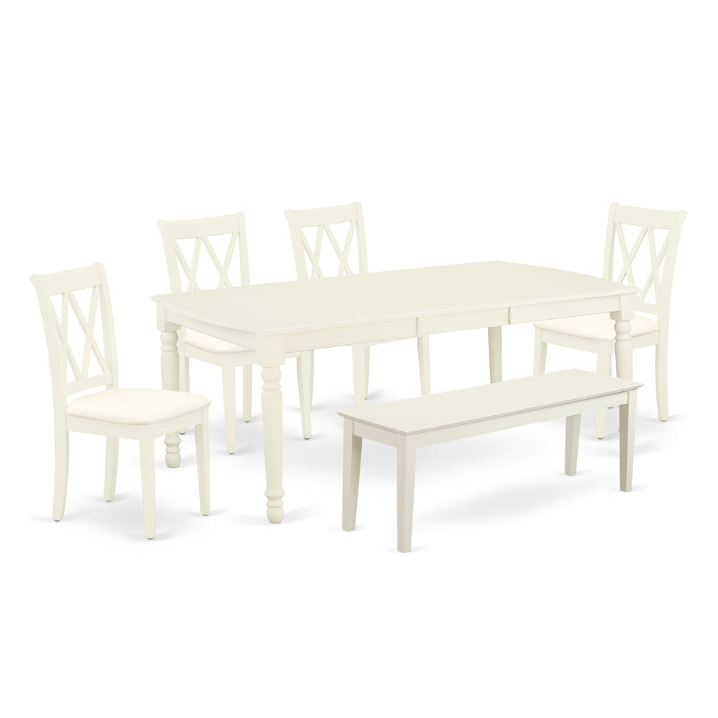DOCL6-ZD8-7 6 Piece Dining Set - Rectangular Table with Butterfly Leaf & Upholstered Chairs + Bench, 42x78 Inch, Linen White Finish