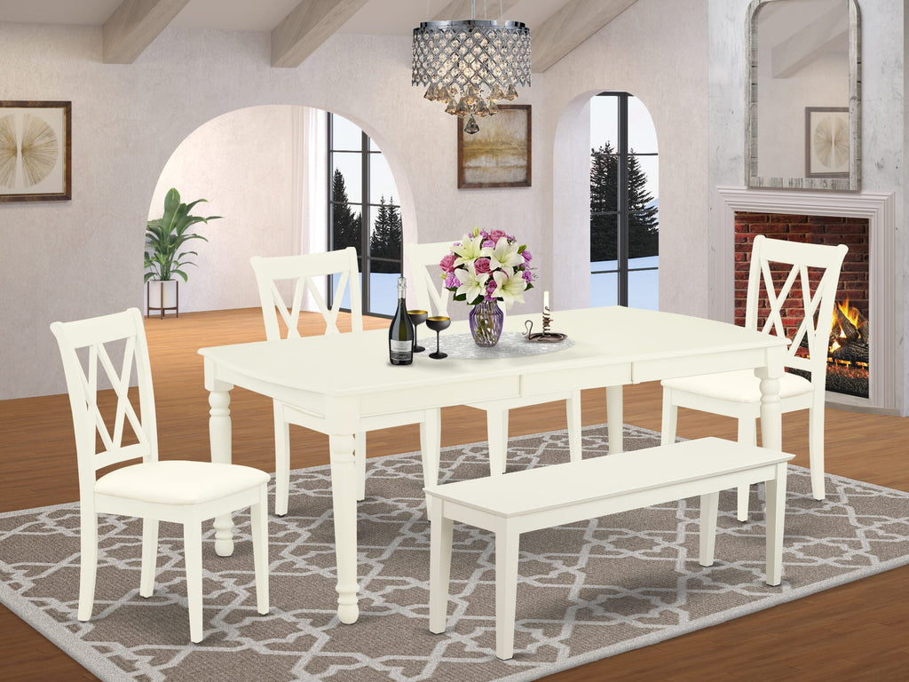 DOCL6-ZD8-7 6 Piece Dining Set - Rectangular Table with Butterfly Leaf & Upholstered Chairs + Bench, 42x78 Inch, Linen White Finish