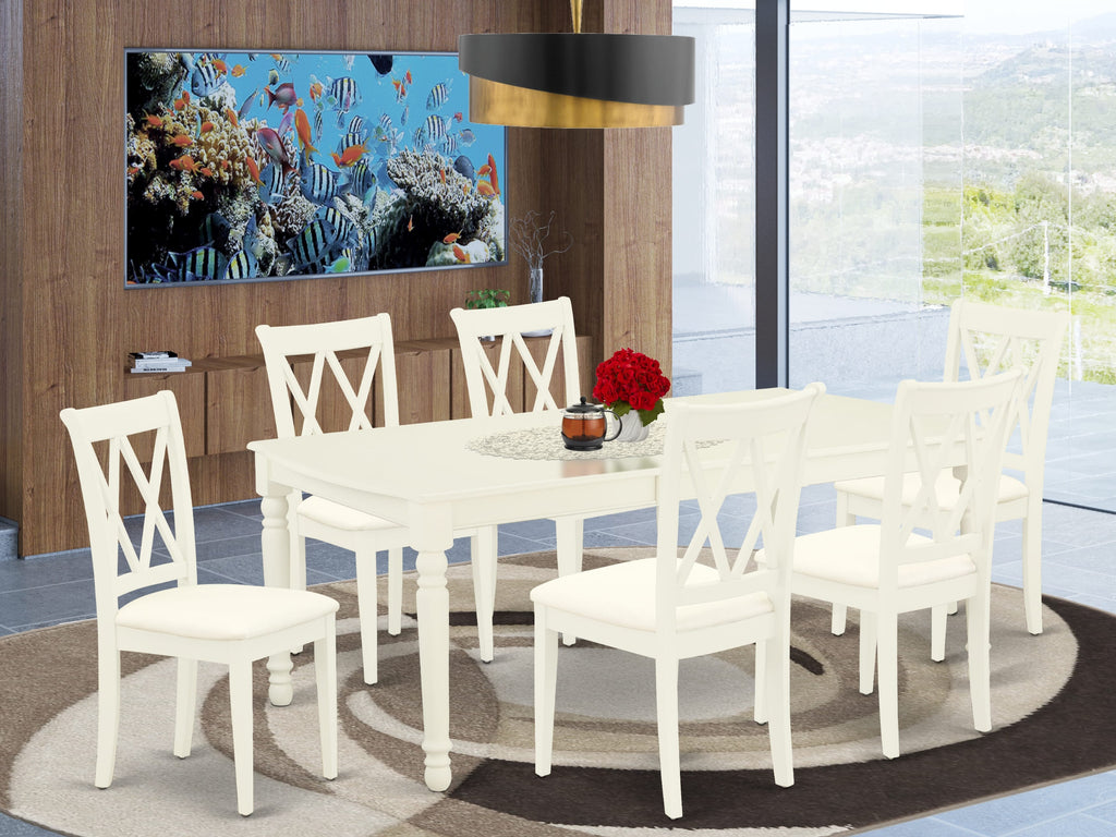 DOCL7-DM8-U Elegant Dining Set - 7 Piece Rectangle Table with Butterfly Leaf and 6 Linen Chairs in Bright White