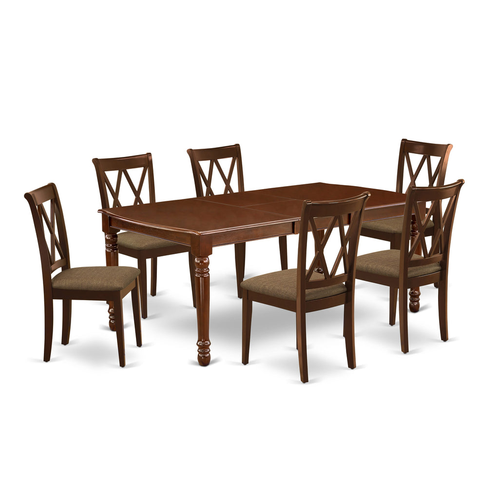 DOCL7-DHZ-E 7 Piece Dining Set with Butterfly Leaf Table & 6 Upholstered Chairs, 42x78 Inch, Mahogany Finish