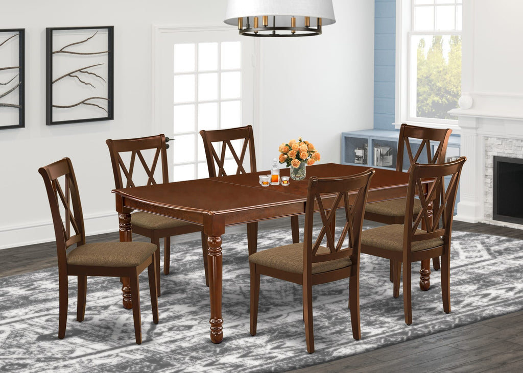 DOCL7-DHZ-E 7 Piece Dining Set with Butterfly Leaf Table & 6 Upholstered Chairs, 42x78 Inch, Mahogany Finish