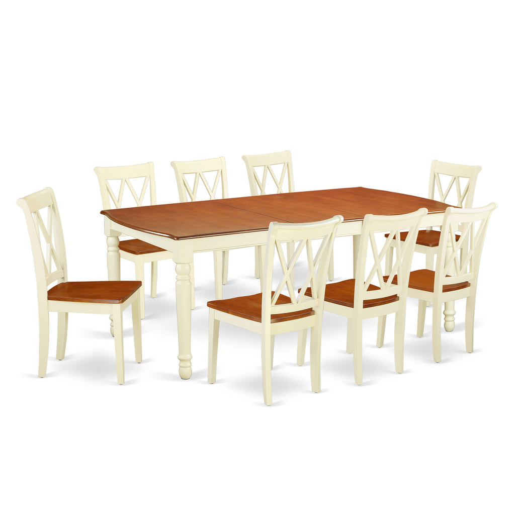 DOCL9-M44-B Charming 9-Piece Set Rectangle Table with Butterfly Leaf & 8 Wood Chairs in Dual-Tone Finish