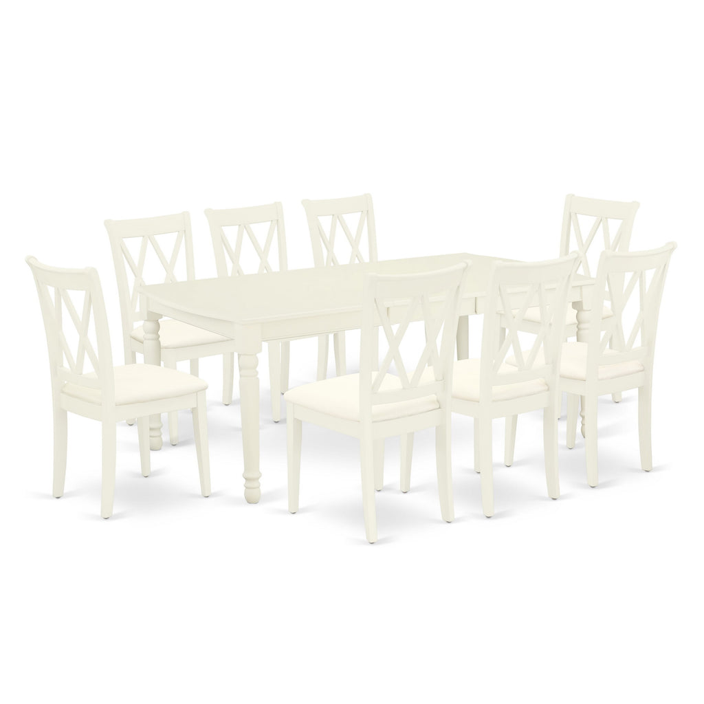 DOCL9-EDK-M 9-Piece Set Rectangular Table & Leaf with 8 Upholstered Chairs, White Finish, 42x78