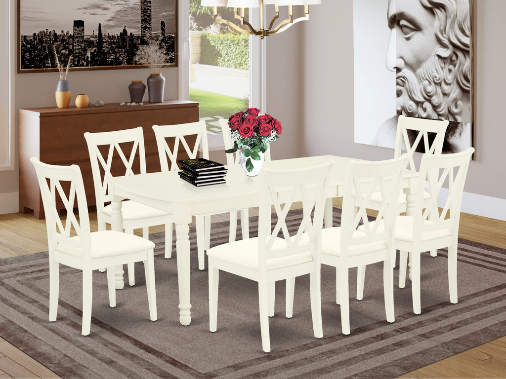 DOCL9-EDK-M 9-Piece Set Rectangular Table & Leaf with 8 Upholstered Chairs, White Finish, 42x78