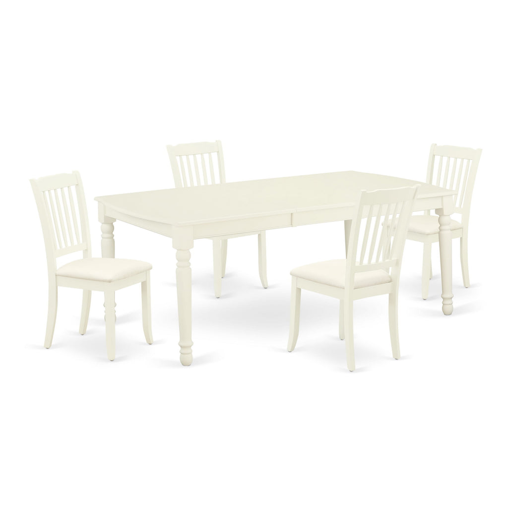 DODA5-76E-5 5-Piece Dining Set with 42x78 Inch Wooden Table & Leaf, 4 Linen Chairs, White Linen Design