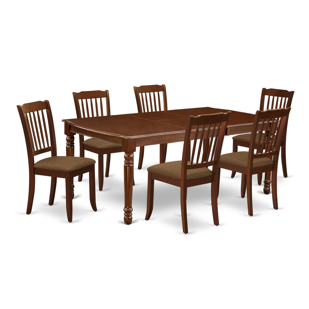DODA7-Q4K-L 7-Piece Mahogany Dining Ensemble Expanding Wood Table & Fabric Chairs