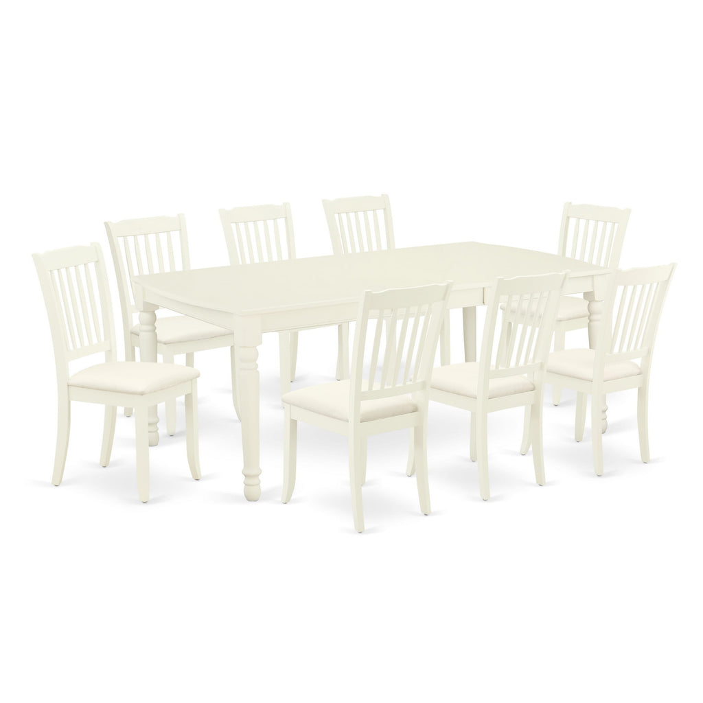 DODA9-3FV-C 9-Piece Dining Ensemble with Butterfly Leaf Table and Upholstered Chairs, White