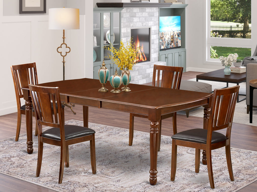 Unique DODU5-YDQ-92 5-Piece Dining Ensemble in Warm Mahogany with 4 Chic Leather-like Chairs, Extendable Table Design
